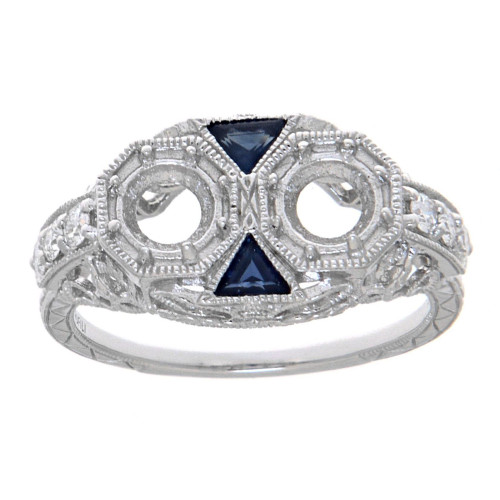 2 - 5 Stone Filigree Semi Mount Diamond Ring Sapphires 14kt White Gold