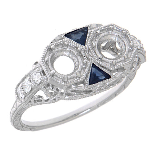 2 - 5 Stone Filigree Semi Mount Diamond Ring Sapphires 14kt White Gold