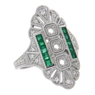 14kt White Gold Semi Mount Diamond and Emerald Ring - Art Deco Style
