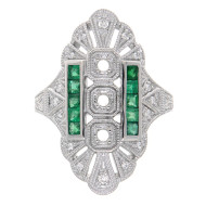 14kt White Gold Semi Mount Diamond and Emerald Ring - Art Deco Style