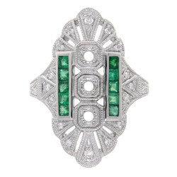 14kt White Gold Semi Mount Diamond and Emerald Ring - Art Deco Style