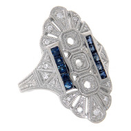 14kt White Gold Semi Mount Diamond and Sapphire Ring - Art Deco Style