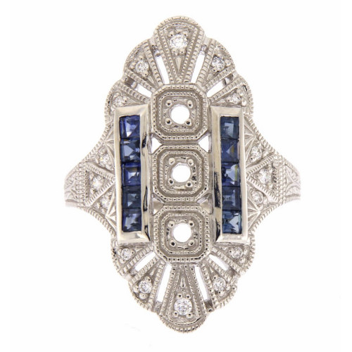 14kt White Gold Semi Mount Diamond and Sapphire Ring - Art Deco Style 14kt White Gold Semi Mount Diamond and Sapphire Ring - Art Deco Style