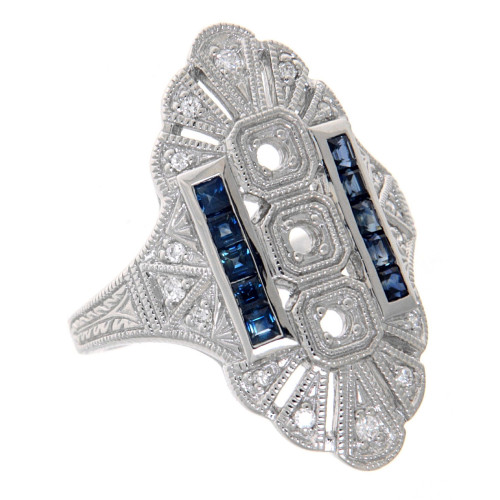 14kt White Gold Semi Mount Diamond and Sapphire Ring - Art Deco Style 14kt White Gold Semi Mount Diamond and Sapphire Ring - Art Deco Style