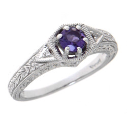 14kt White Gold Victorian Style Amethyst Filigree Ring 2 Diamond Accents