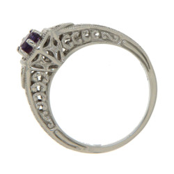 14kt White Gold Victorian Style Amethyst Filigree Ring 2 Diamond Accents